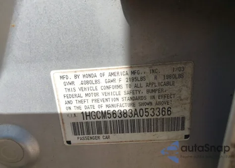 2003 Honda Accord 2.4 Lx из США, поврежденный, VIN 1HGCM56383A053366